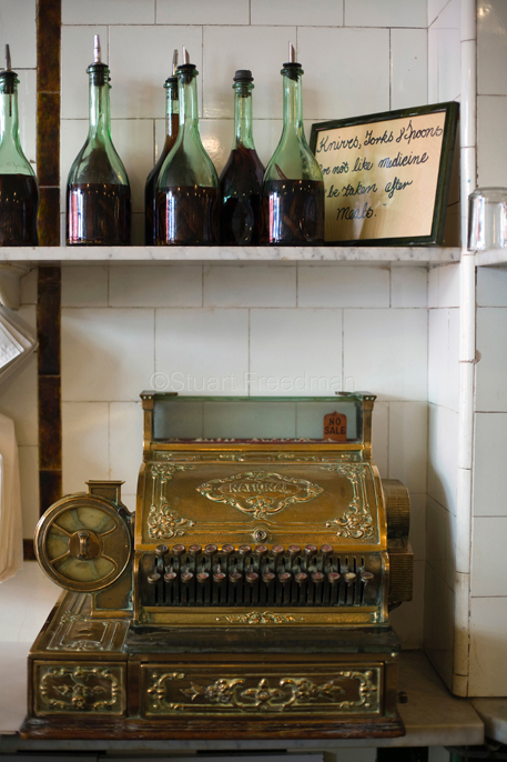 UK - London - Details of an antique cash register at Manze's Eel, Pie and Mash shop in Walthamstow,