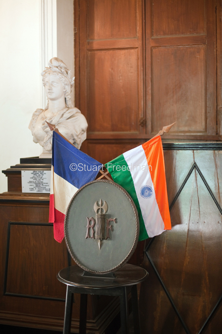 India - Chandannagar - A flag and a bust in the museum at Chandannagar, originally the home of Joseph François Dupleix who was appointed governor of the city in 1730. 